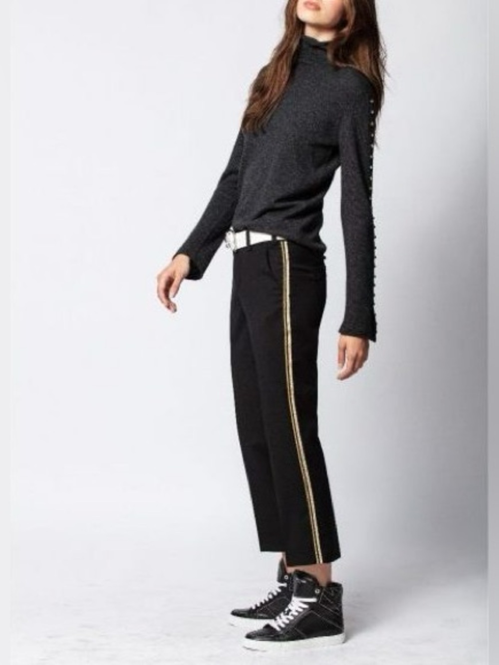 Zadig & Voltaire Posh Militaire Black Wool Gold Stripe Pants FR 40 US 8 NWT